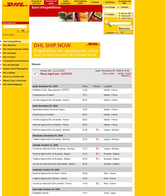 feuille de route DHL - commande Uniqlo Heattech