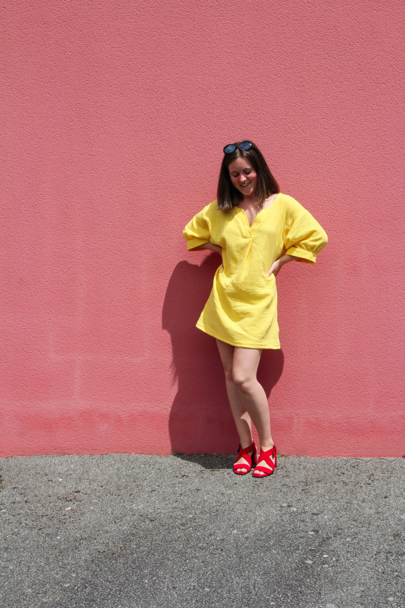 Couture - robe courte été MAE Fibremood double gaze coton jaune soleil