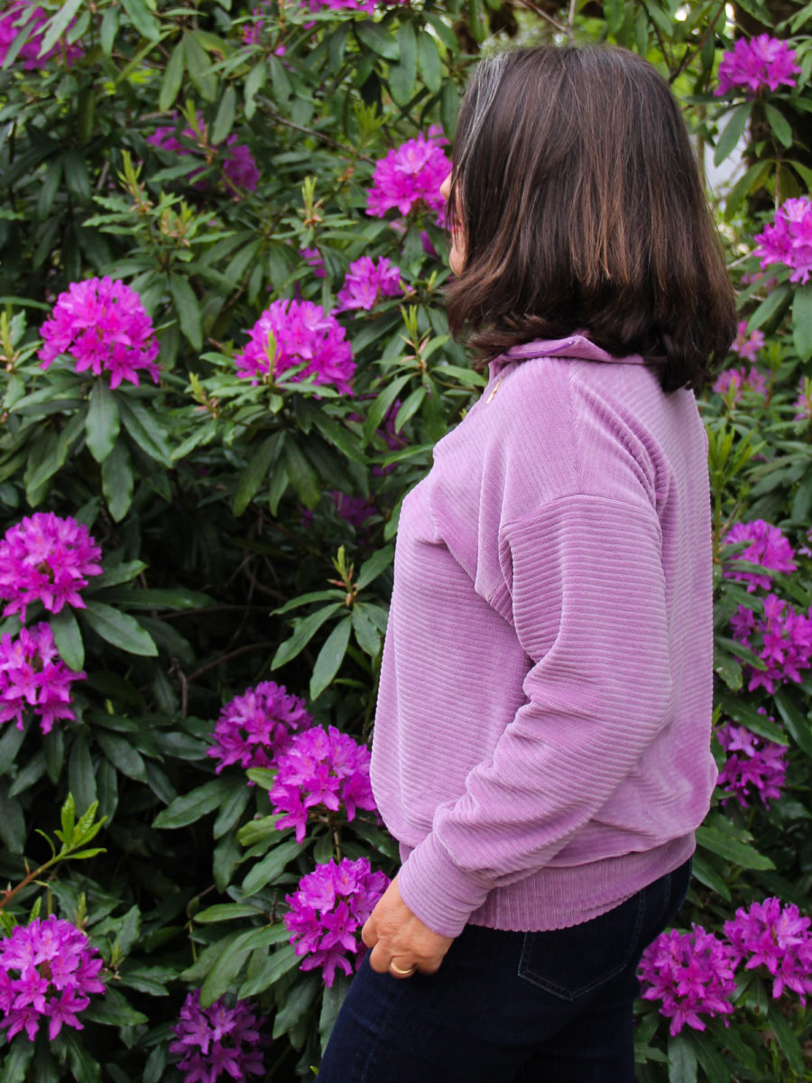 Couture - sweat DIDI Fibremood à col camionneur - velours lilas Mapetitemercerie