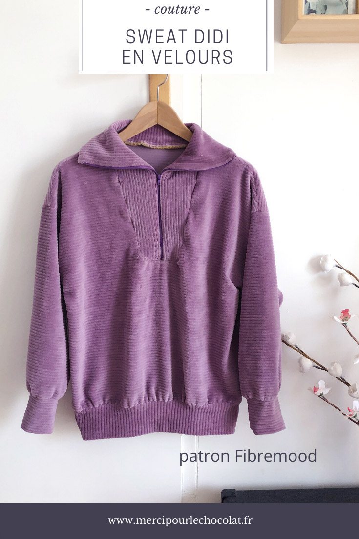 Couture - sweat DIDI Fibremood à col camionneur - velours lilas Mapetitemercerie