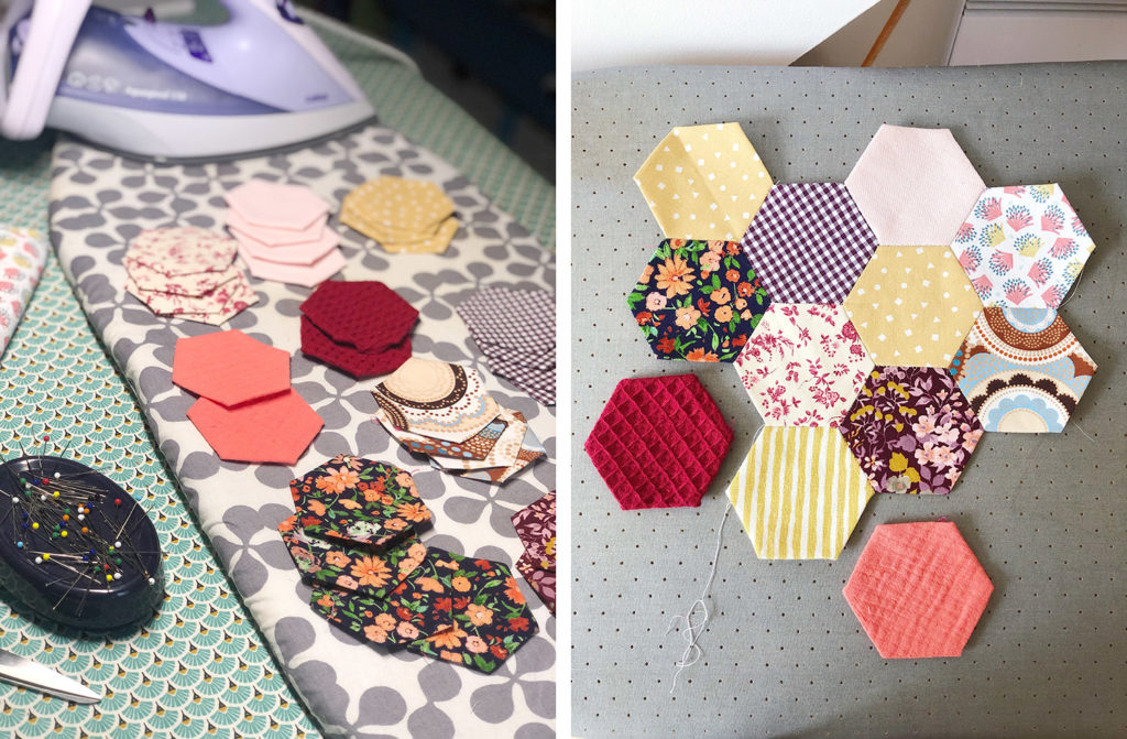 COUTURE DIY - pochette zippée en patchwork hexagonal - upcycling tissus