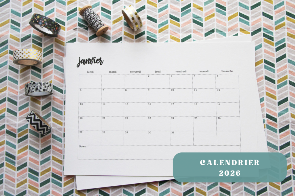 Calendrier 2026 minimaliste - à télécharger - 1 mois par page (via mercipourlechocolat) - usage commercial interdit